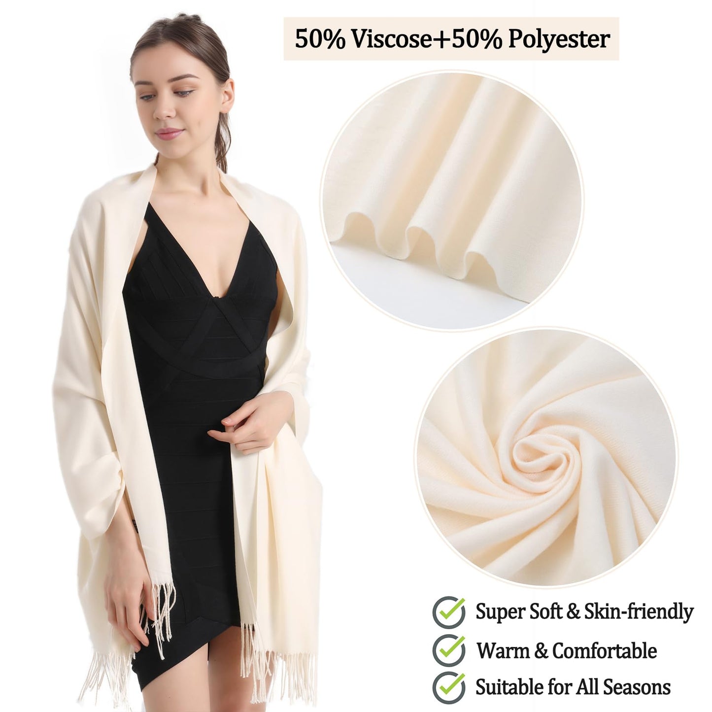 vimate Cream Pashmina Scarf, Women Pashmina Shawls and Wraps with Thickness for Bridal Bridesmaid (UK-Off White)