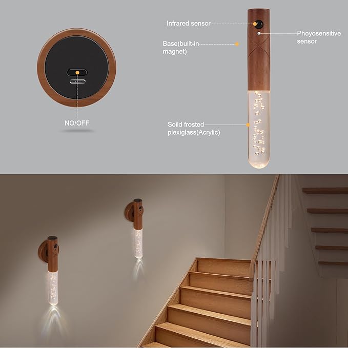 Motion Sensor Light Indoor, Battery Operated LED Lights for Bedroom, 3 Colors & Dimmable, Portable Rechargeable Wall Sconce for Bathroom Hallway Stair Garage Understairs Cupboard Kids Gift(Crystal)