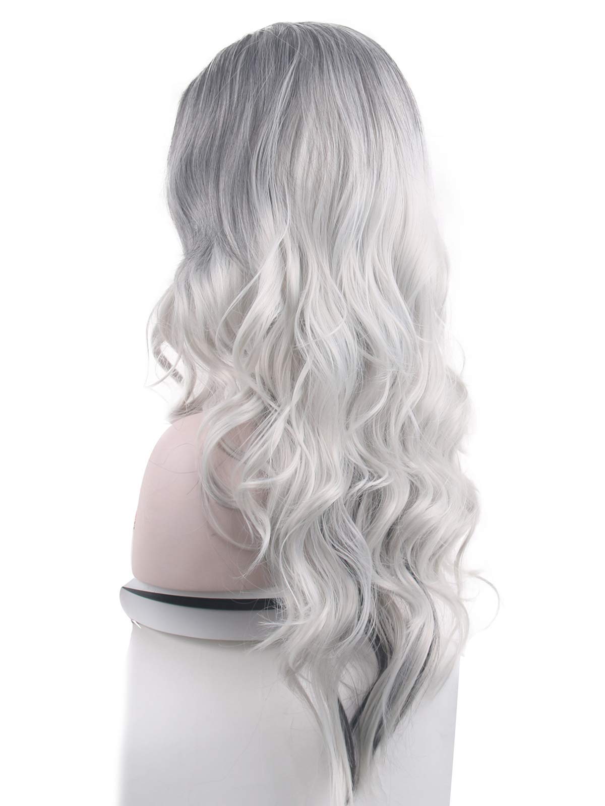 Beautyself Silver Grey Costume Wigs for Women Halloween Curly Long Wavy Fashion Cosplay Ombre Black Mix Gray Hair Wigs with Wig Cap