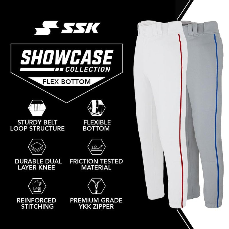 SSK Showcase Collection Flex Bottom Adult Baseball Pants | Adult Sizes Solid & Piped (US, Alpha, Medium, Regular, Regular, Grey/Forest)