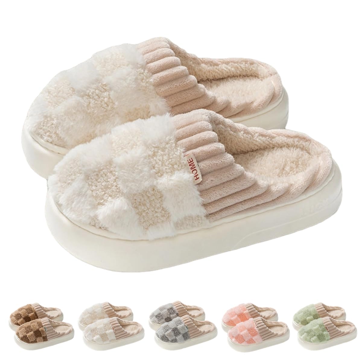 VTTDB Checkered Slipper House Slippers for Women Men Plush Warm Fuzzy Slippers Flyffy Bedroom Shoes Indoor Slip On (8.5-9 Women/7-8 Men,Beige,Numeric Range,Medium,8.5,9)
