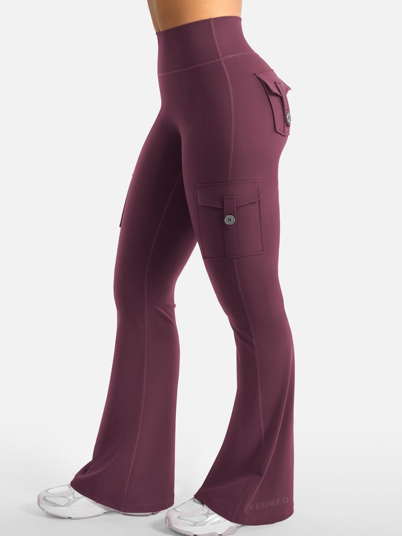 YEOREO CoreFlex Women Workout Flare Leggings with Pockets Hidden Scrunch Cargo Gym Yoga No Front Seam Leggings Black Cherry L
