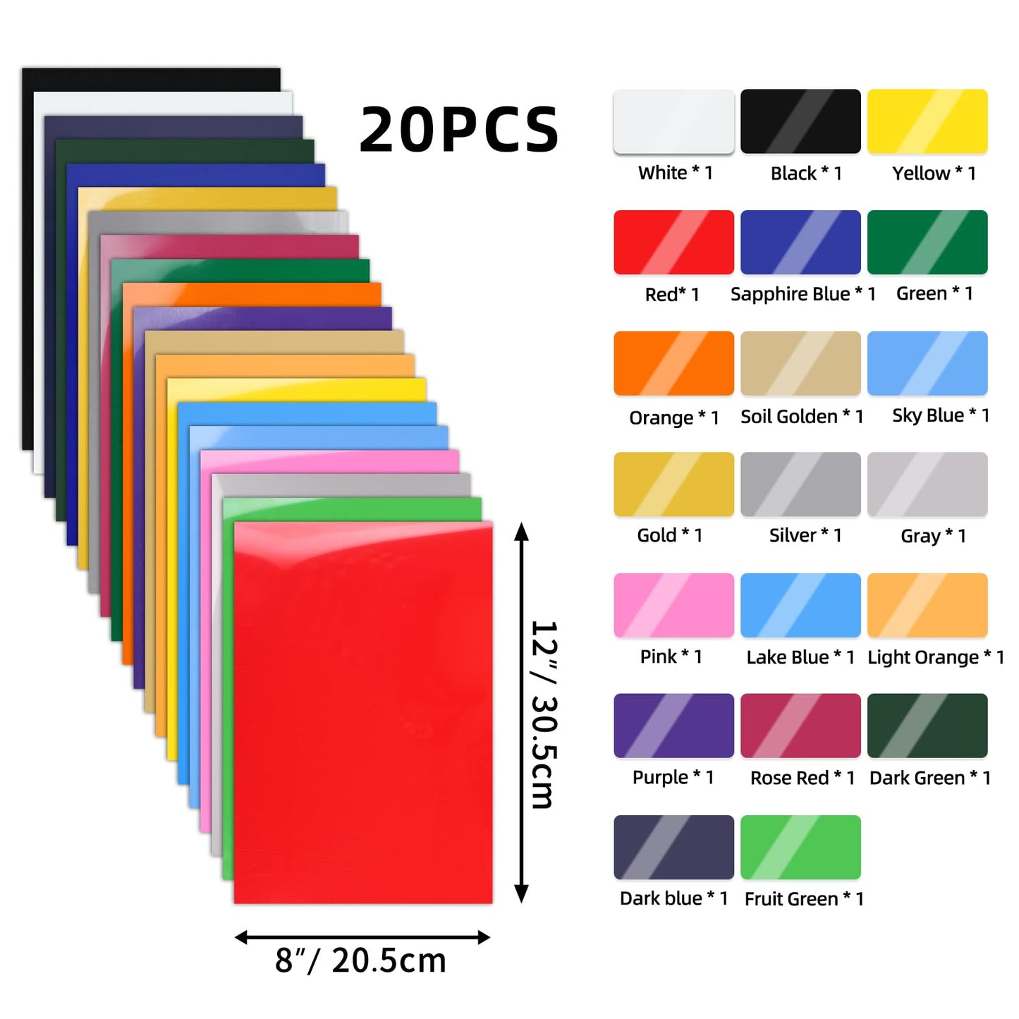 IModeur 20 Pack Heat Transfer Vinyl Sheets - 30.5 x 20 cm Iron on Vinyl for Silhouette Cameo, HTV Vinyl Bundle for Shirt, Clothes, Hats, Pants, Other Fabric