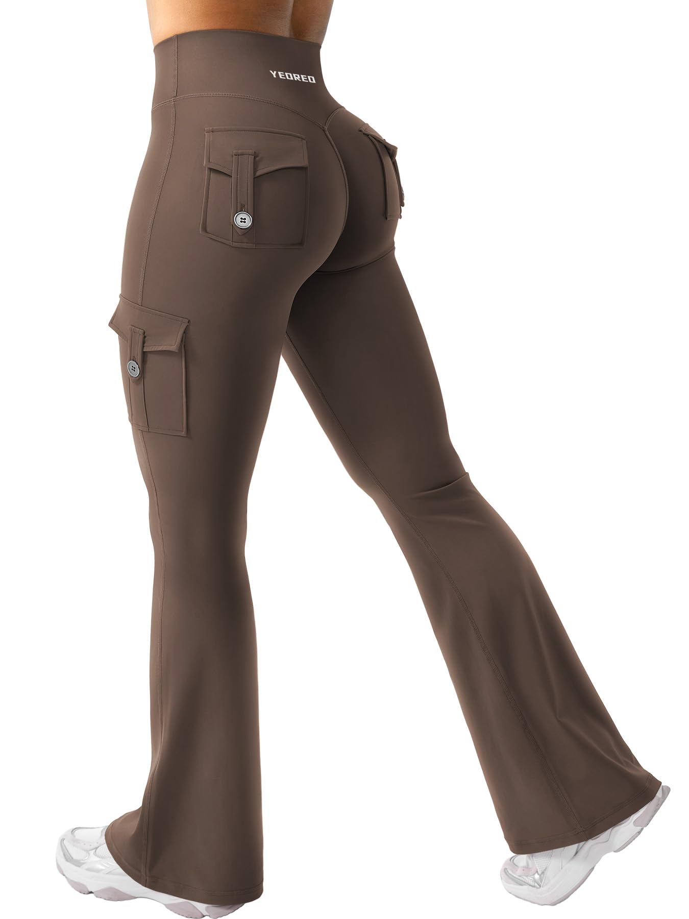 YEOREO CoreFlex Women Workout Flare Leggings with Pockets Hidden Scrunch High Waisted Cargo Gym Yoga Leggings Coffee M