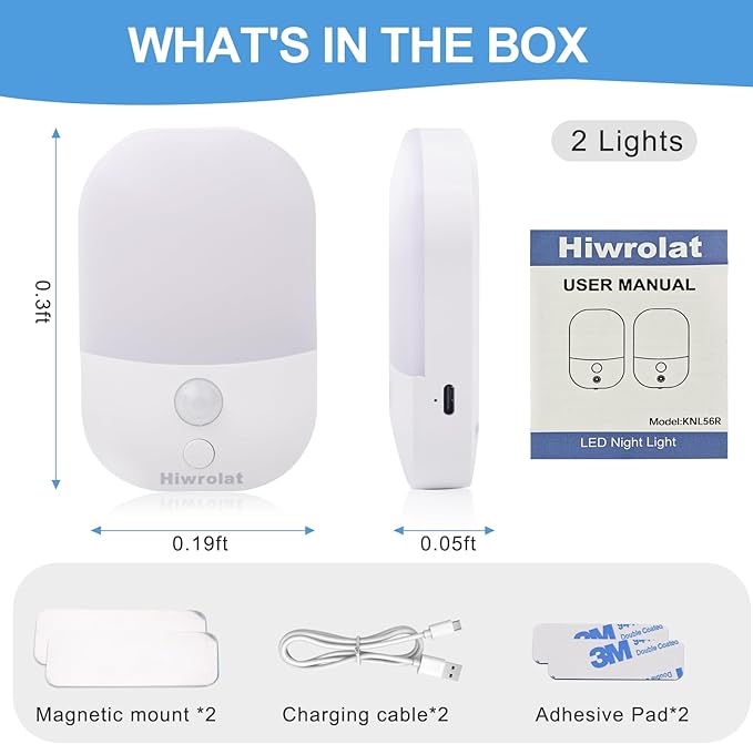 Night Light with Auto Motion Sensor, Rechargeable Battery, Type-C LED Stick-On Closet Light with Twilight Sensor, Adjustable Brightness, Warm White for Wall, Hallway, Stairs, Cabinet (2 Pack)