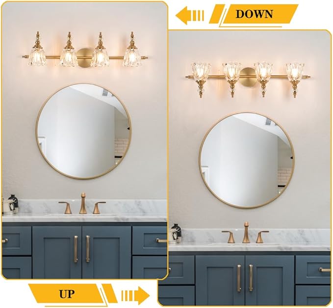 Gold Bathroom Light Fixtures 4 Lights, Antique Brass Vanity Light, Vanity Light Over Mirror, Vintage Bathroom Light with Clear Flower Glass, Lights for Wall Interior Hallway
