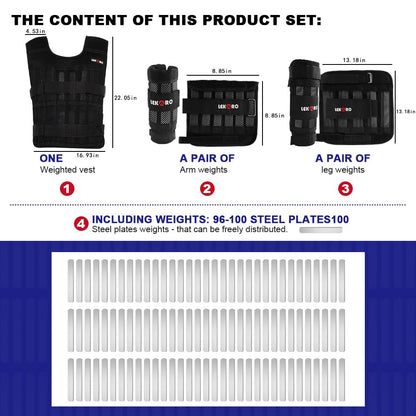 Adjustable Weighted Vest Set with Arm Weights and Leg Weights, Weight Training Workout Set, Weights Jacket & Wrist Weights & Ankle Weights (Including Weights: 96-100 Steel Plates)