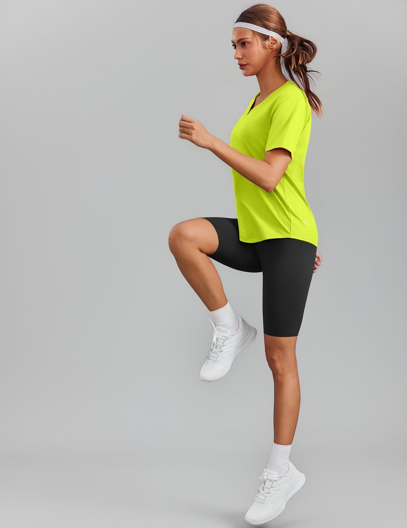 PINSPARK Tennis Shirts for Women Short Sleeve V Neck Moisture Wicking Workout Tops Quick Dry Athletic Gym Golf T-Shirts,Neon Green X-Large