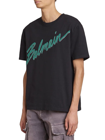 Balmain, Flocked Logo Cotton T-Shirt, Small, Noir Emeraude