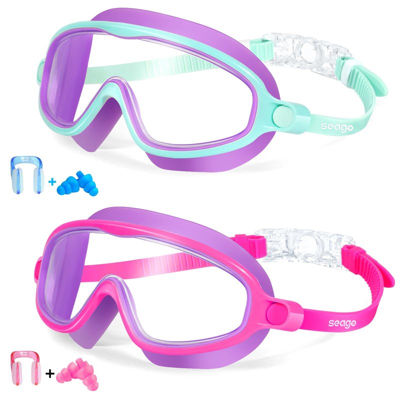 Kids Goggles for Swimming 2 Pack No Leaking Anti-Fog Outer Eye Fit with Wide View UV Protection Crystal Clear Watertight Swim Goggles with nose cover Suitable for Children Youth Boys Girls Age 3 to 14