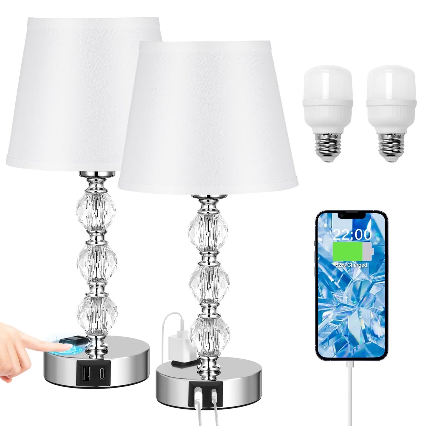 Acaxin 14.6'' Bedside Lamps for bedrooms Set of 2 - Mini Crystal Table Lamps with USB A+C Charging Ports and AC Outlet, 3 Way Dimmable Touch Control Silver Bed Side Nightstand Lamp