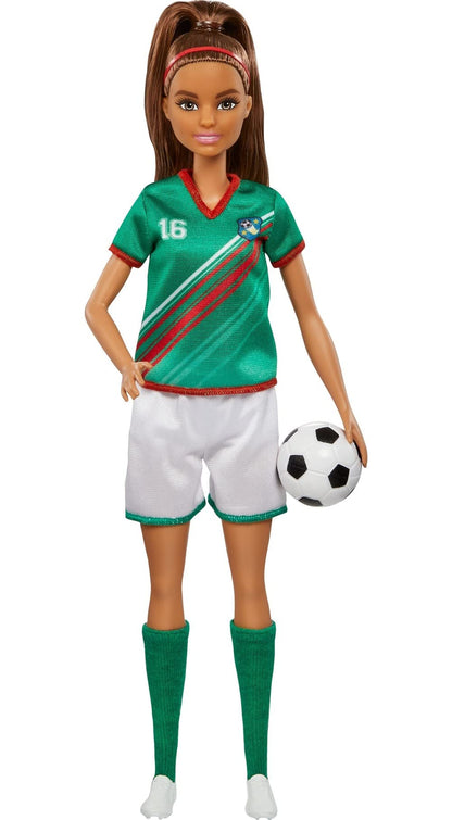 Barbie Careers Fashion Doll & Accessory, Soccer Player with Brunette Ponytail, #16 Uniform, Tall Socks, Cleats & Ball