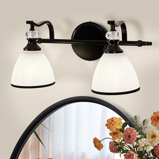 ANDY STAR Bathroom Lighting Fixtures Over Mirror, 2-Light Matte Black Vanity Light with Frosted Glass, Anti-Rust Metal Framed Bathroom Wall Lamp Sconces for Mirror Bedroom, Living Room Hallway