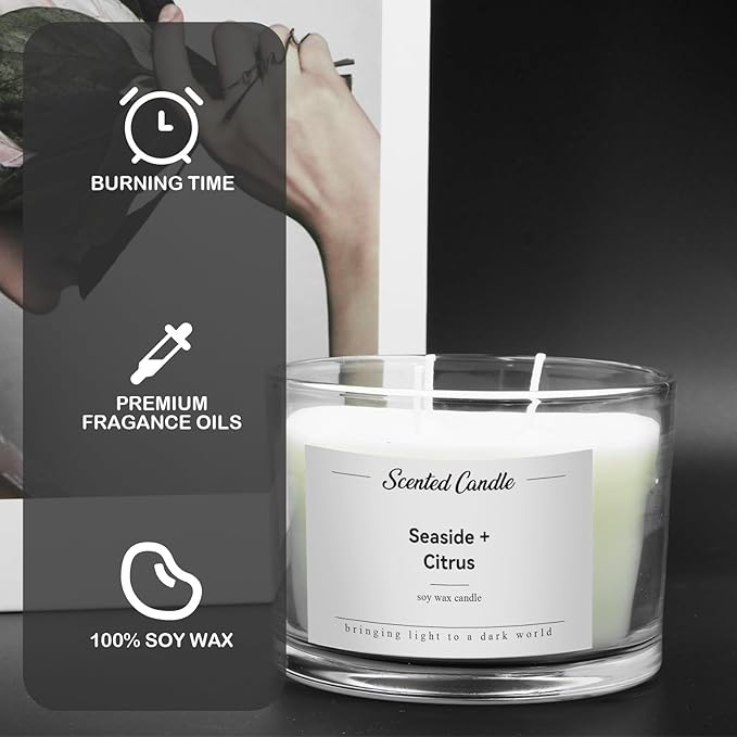 Premium 3-Wick Scented Candle 420g, Jar Aromatherapy Candle Birthday Gifts for Men and Women, Long Lasting 50H, Soy Wax Natural Essential Oil Blend for Home Office Spa (Seaside+Citrus)