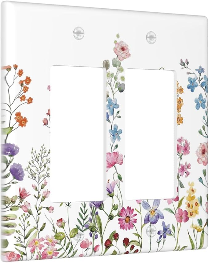 Rustic Wild Floral Vintage Watercolor Flower Double Rocker Light Switch Cover 2 Gang Wall Plate Covers Decorative Electrical GFCI Outlet Plates for Home Bathroom Kitchen Decor