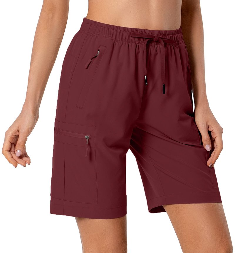 Hugut Women's Lightweight Hiking Cargo Shorts Quick Dry Athletic Shorts Camping Travel Golf Zipper Pockets Water Resistant Maroon