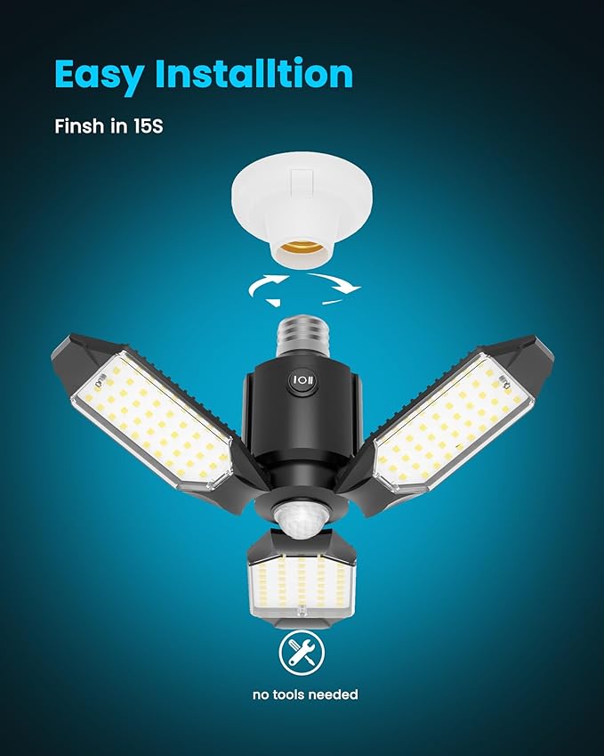 Motion Sensor Garage Light 80W 8000LM, Motion Activated Shop Light with 360° Detection and 3 Deformable Panels, 3 Modes Screw-in Garage Ceiling LED Bulb for Indoor Basement, Attic 1-Pack