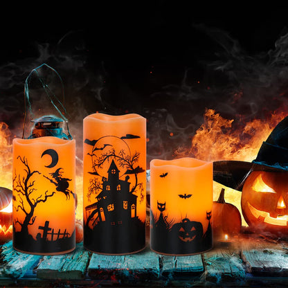 GenSwin Halloween Candles with Timer, Flickering Flameless Candles Battery Operated, 3 Pack Real Wax Pillar Candles for Halloween Home Decorations(D3” x H4”5”6”)