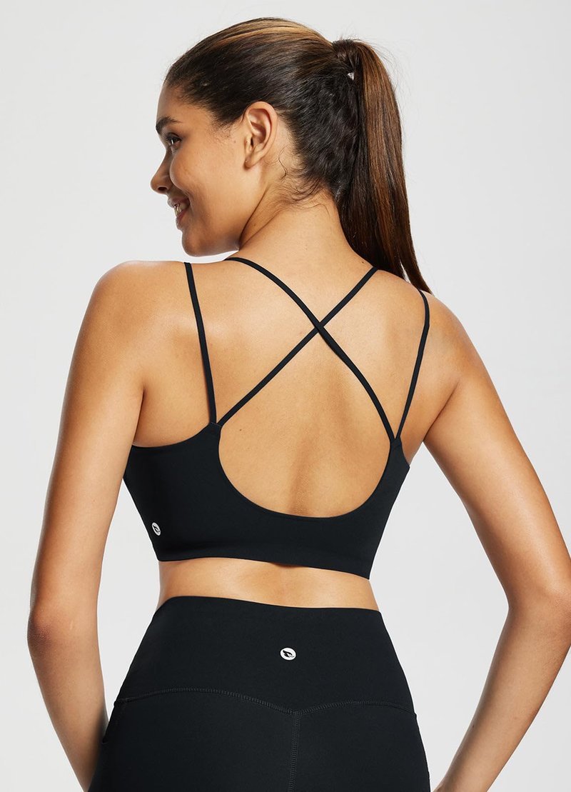 baleaf everleaf Women's Sports Bra Longline Padded Yoga Bra Low Impact Strap Workout Crop Tank Tops Black Black L-XL