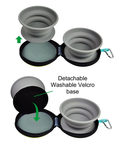 KALLAK Portable 2 in 1 Pet Bowls with Zipper Carrying Case and Carabiner, Collapsible Double Travel Dog Bowls for Food and Water Feeding, Foldable Camping Dog Cat Bowl