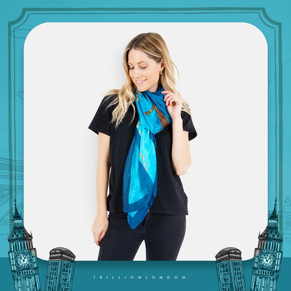 Trillion London® Spring Collection | Blue Floral Silk Neck Scarf For Women | Ladies Lightweight Scarves | Shawl Wraps | Suitable for Daily Life, Gifting | Smooth Soft Finish | Size - 180cm*90cm