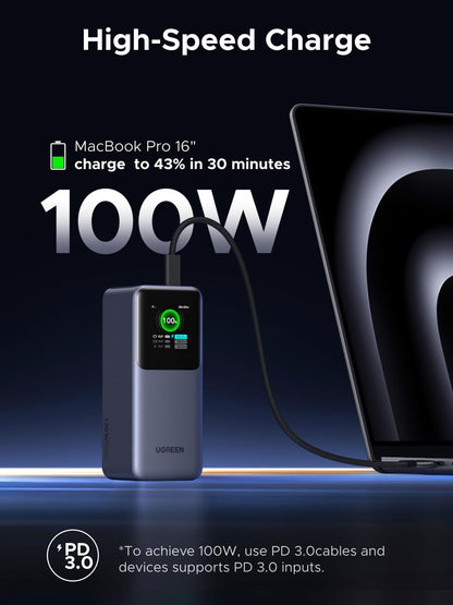 UGREEN Nexode Power Bank 20000mAh 130W Portable Charger 72Wh PD Fast Charging 3-Port USB C Battery Pack with TFT Smart Display for MacBook/iPad/iPhone 17/16/Samsung S24 and More
