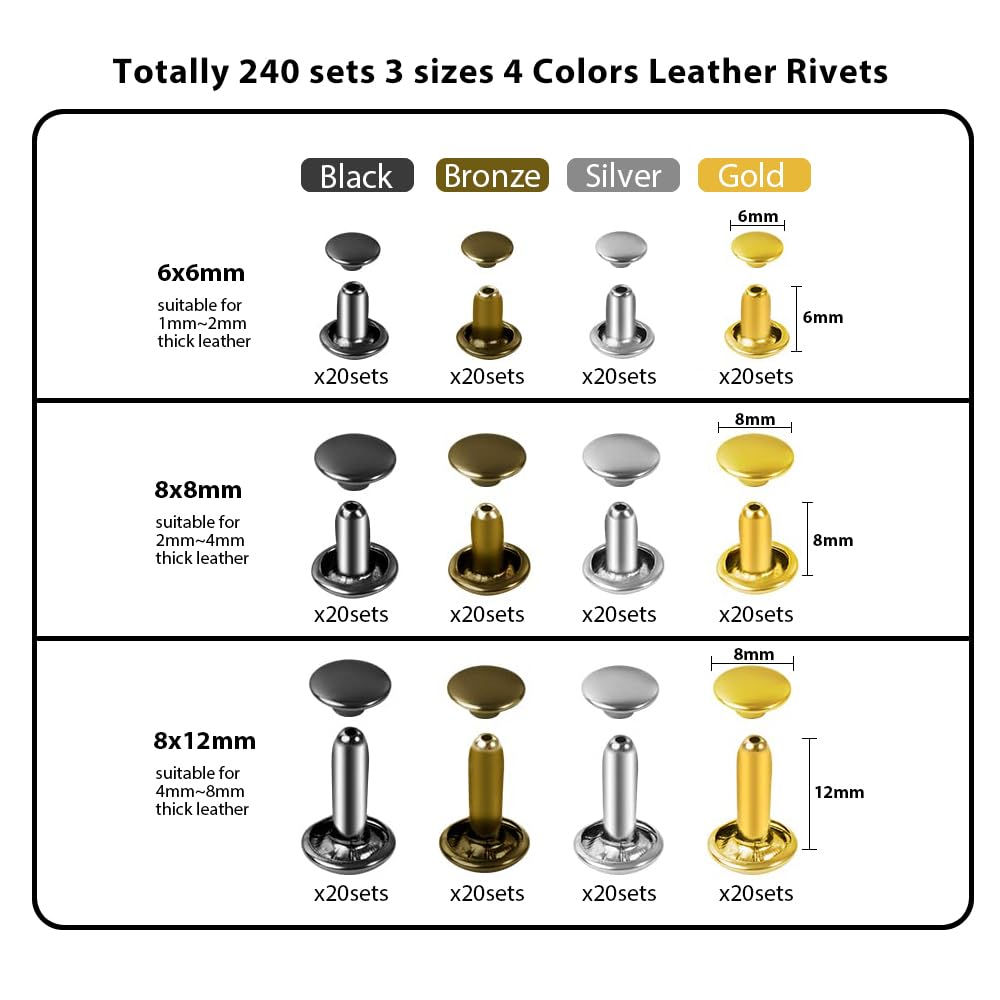 Belt Hole Puncher with 240 Sets of Leather Rivets - Updated Hole Sizes Puncher for Belt, Watch Band, Strap, Dog Collar, Saddle, Shoes, Fabric, DIY Home or Craft Project