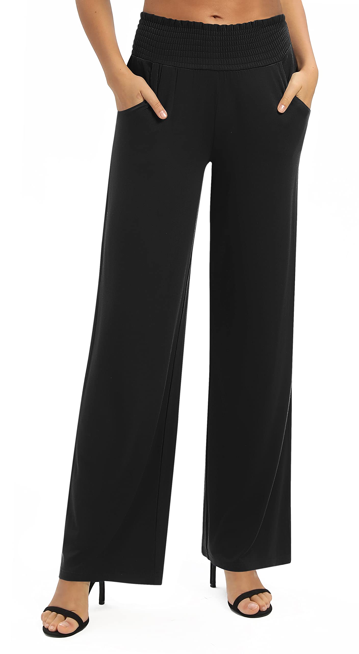 EXCHIC Women's Plain Loose Straight Cut Palazzo Trousers, High Waist, Stretchy Lounge Trousers with Pockets