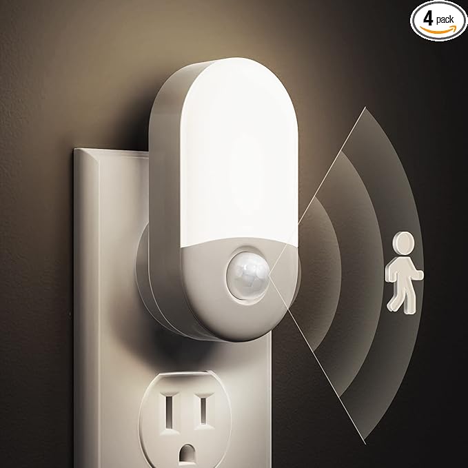 L LOHAS LED Motion Sensor Night Light Plug in, Motion Activated Night Light, 5000K Daylight White, Night Light Plug Into Wall, Adjustable Brightness, Night Light for Bathroom, Kids, Hallway, 4 Pack