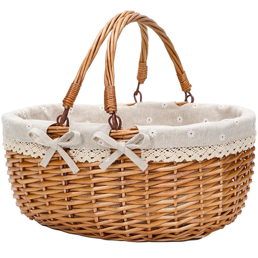 G GOOD GAIN Wicker Picnic Basket with Double Folding Handles,Willow Picnic Hamper,Natural Hand Woven Easter Basket,Easter Eggs and Candy Basket,Bath Toy and Kids Toy Storage,Gift Packing Basket.White