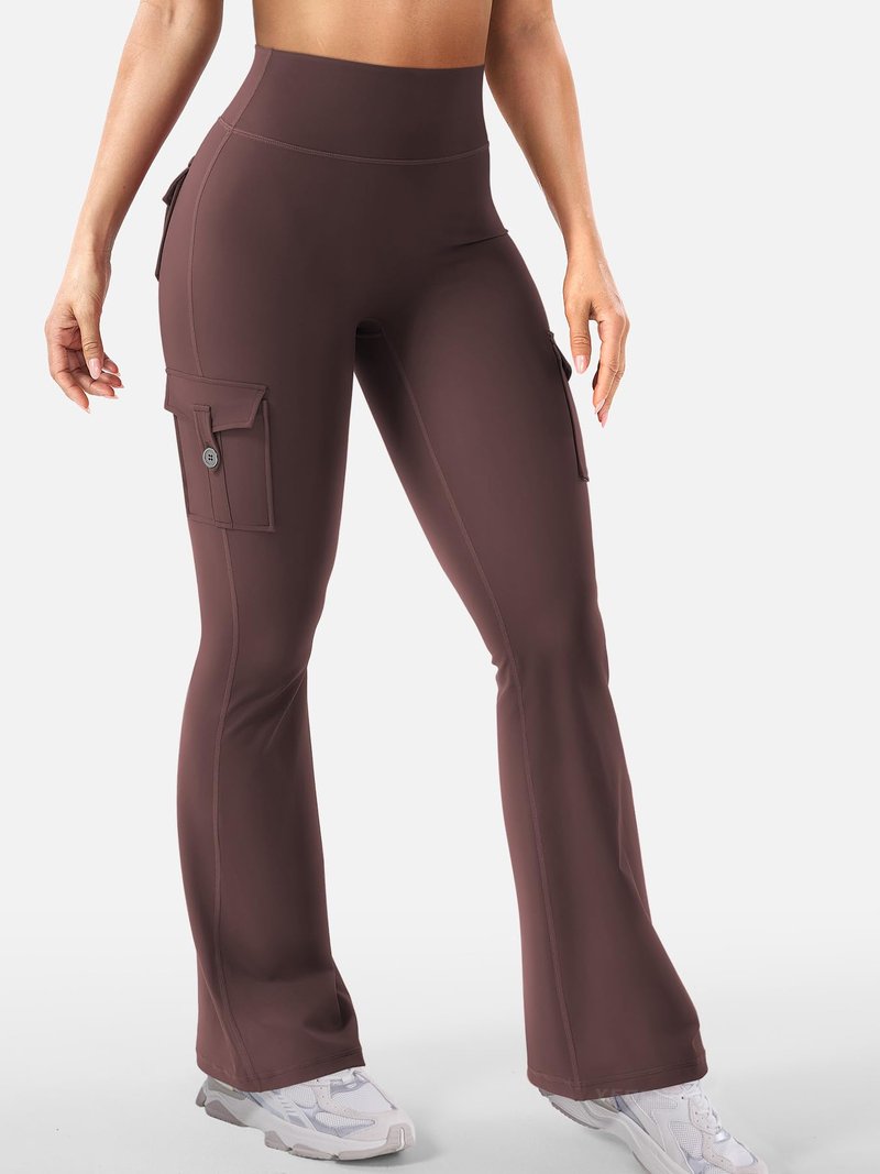 YEOREO CoreFlex Women Workout Flare Leggings with Pockets Hidden Scrunch High Waisted Cargo Gym Yoga No Front Seam Leggings Brown XL