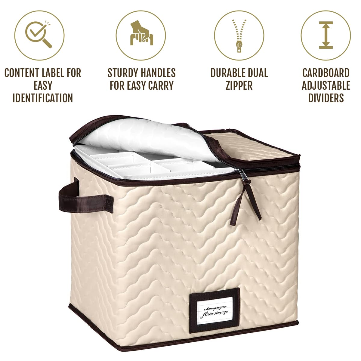 Champagne Flute Storage Boxes with Dividers - Set of 2 - Each Holds 12 Glasses up to 3.75" Wide - Quilted Microfiber Case with Handles - Protects Stemware - Ideal for Champagne & White Wine Glasses