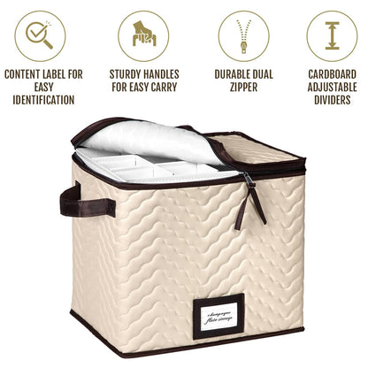 Champagne Flute Storage Boxes with Dividers - Set of 2 - Each Holds 12 Glasses up to 3.75" Wide - Quilted Microfiber Case with Handles - Protects Stemware - Ideal for Champagne & White Wine Glasses