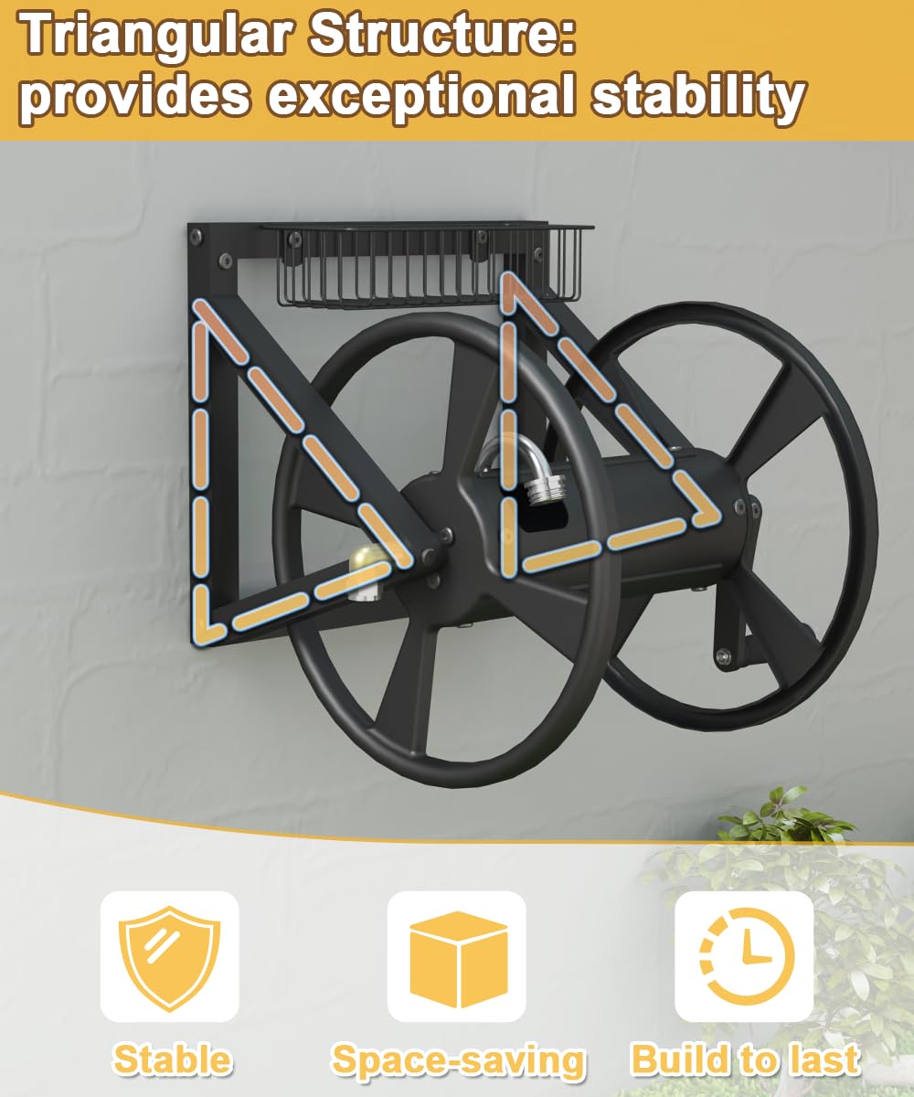 Artigarden Triangle Wall Mounted Garden Hose Reel, Outdoor Heavy-Duty Water Hoses Holder Winder, Holds 125 Ft of 5/8-Inch Hose, with 3.9 ft Leader Hose, Brass Fitting, Storage Basket for Yard, Black