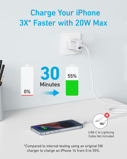 Anker USB C Plug, 2-Pack 20W Dual Port USB Fast Charger Plug, Charger for iPhone 17/16/ 15/15 Pro/15 Pro Max, iPad, AirPods, and More (2-Pack 5 ft Cables Included)