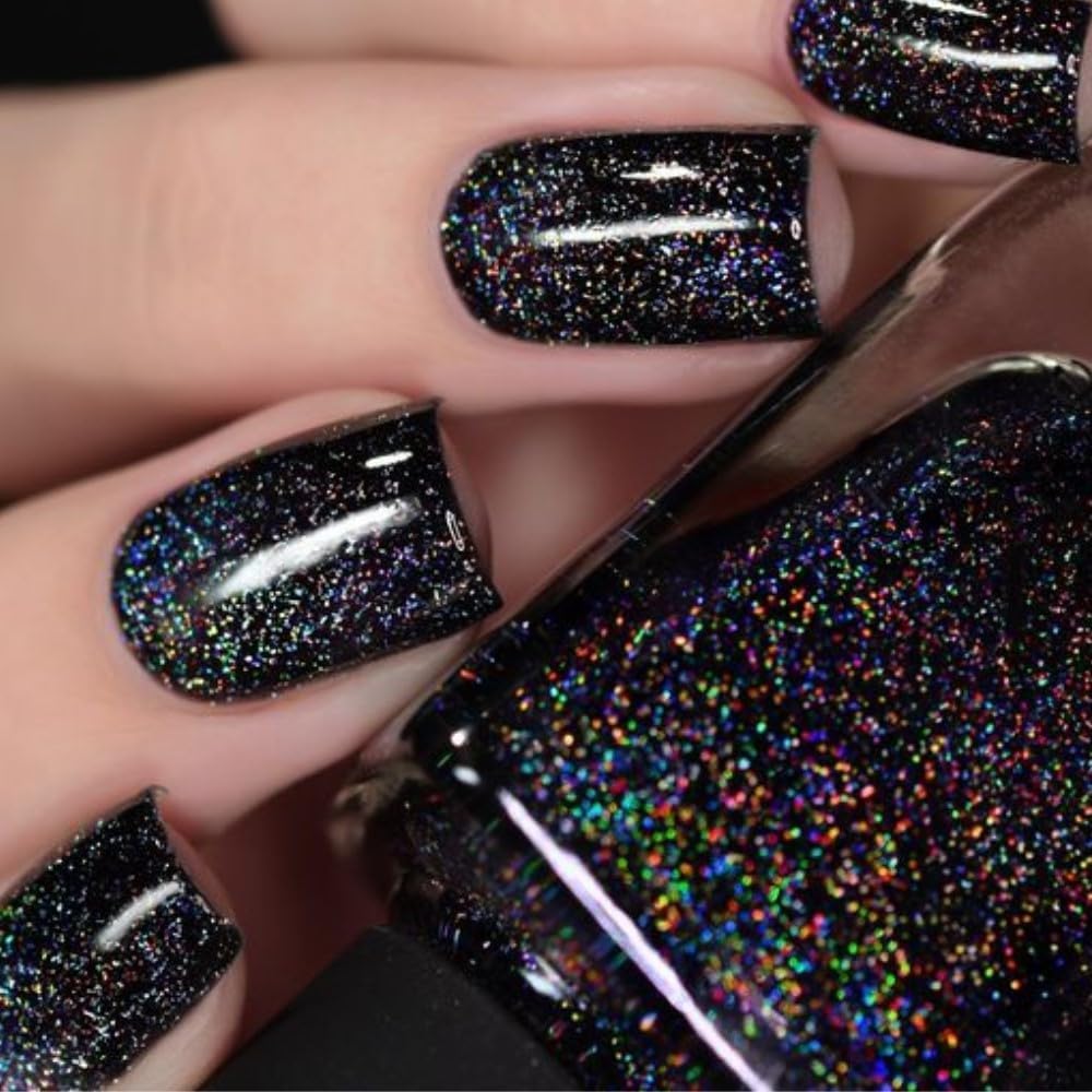Modelones 32Pcs Sparkle Black Press on Nails, Glitter Short Fall HalloweenSquare Fake Nails, Reusable Nail Kit with Nail Glue Adhesive Tabs Mini Nail File, Nails Press Ons 16 Sizes