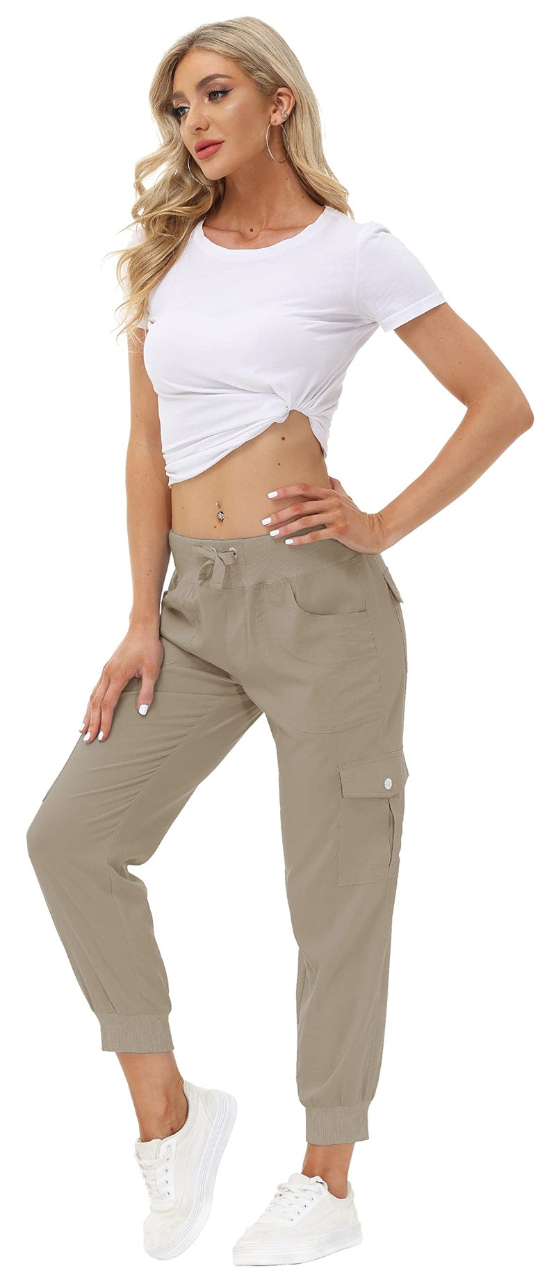 MoFiz Women's Cargo Pants Hiking Joggers Summer Lightweight Quick Dry Athletic Outdoor Sports Sweatpants Travel Casual Button Pockets Khaki L