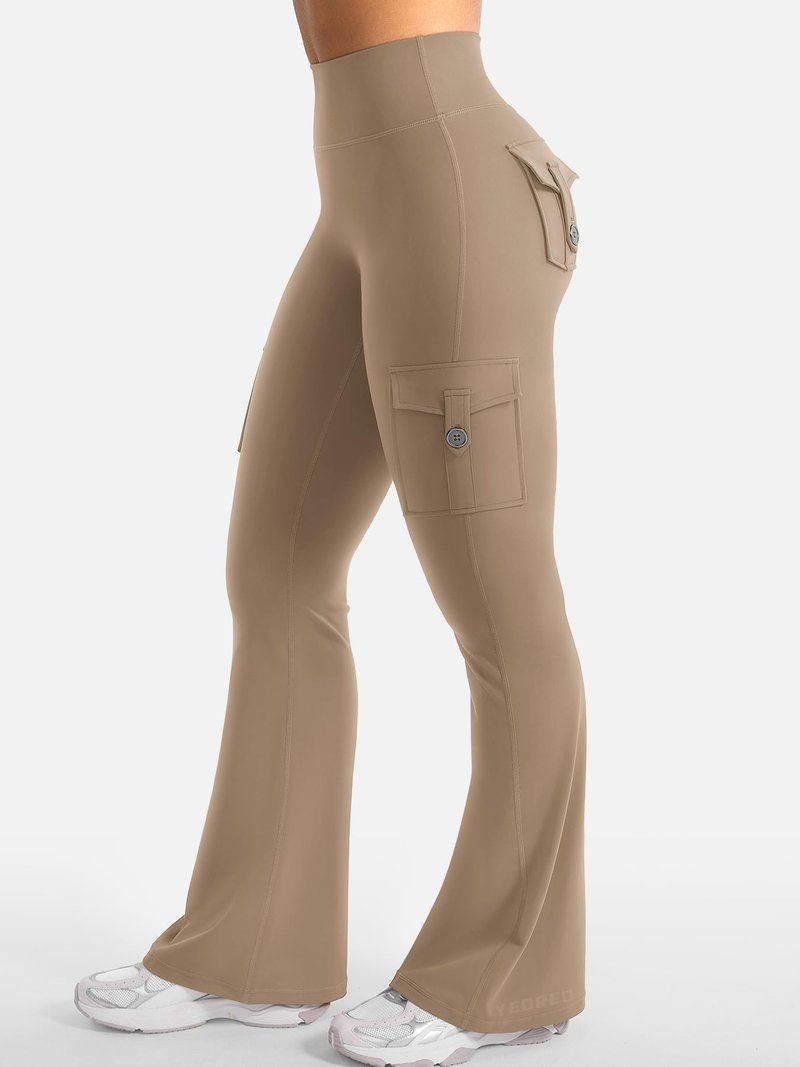 YEOREO CoreFlex Women Workout Flare Leggings with Pockets Hidden Scrunch High Waisted Cargo Gym Yoga Leggings Light Brown XXL