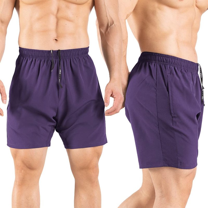 Gaglg Men's 5" Athletic Shorts 2 Pack Quick Dry Athletic Workout Gym Shorts with Zipper Pockets Yellow/Purple,Small