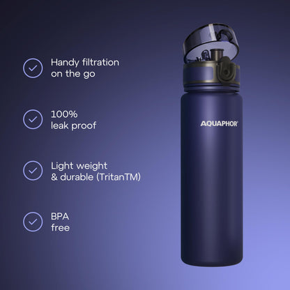 AQUAPHOR City Filtered Water Bottle in Tritan BPA-free - Portable with Integrated Water Purifying Filter 500 ml - Navy