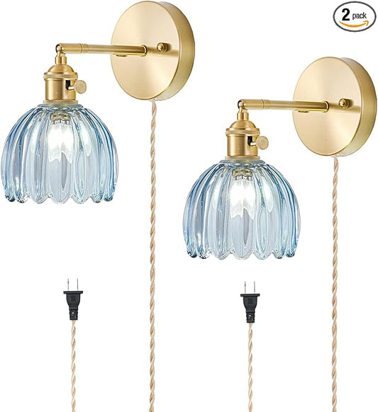 Plug in Wall Sconces Set of 2, Vintage Wall Sconce Light with Tulip Denim Blue Glass Lampshade, 180° Adjustable Wall Sconce with Switch and Plug in wall lamp Cord, Gold Wall Light Wall Decor Set of 2