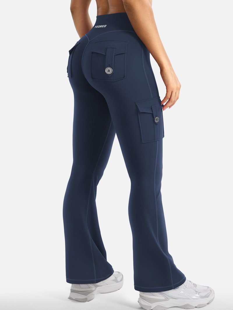 YEOREO CoreFlex Women Workout Flare Leggings with Pockets Scrunch Cargo Gym Yoga Leggings Blue Navy XL