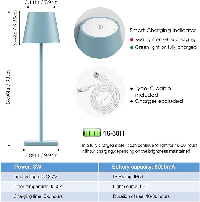2 Packs Rechargeable LED Table Lamp,Outdoor Cordless Table Lamp Waterproof Portable, Stepless Dimmable Modern Lamp for Restaurant/Bedroom/Outdoor (Blue)