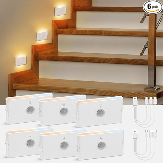 wowatt Rechargeable Motion Sensor Stair Light, White Night Lights with Magnetic Mount, Dimmable Stair Lights Indoor for Stairway, Hallway, Kitchen, Bathroom(6 Packs)