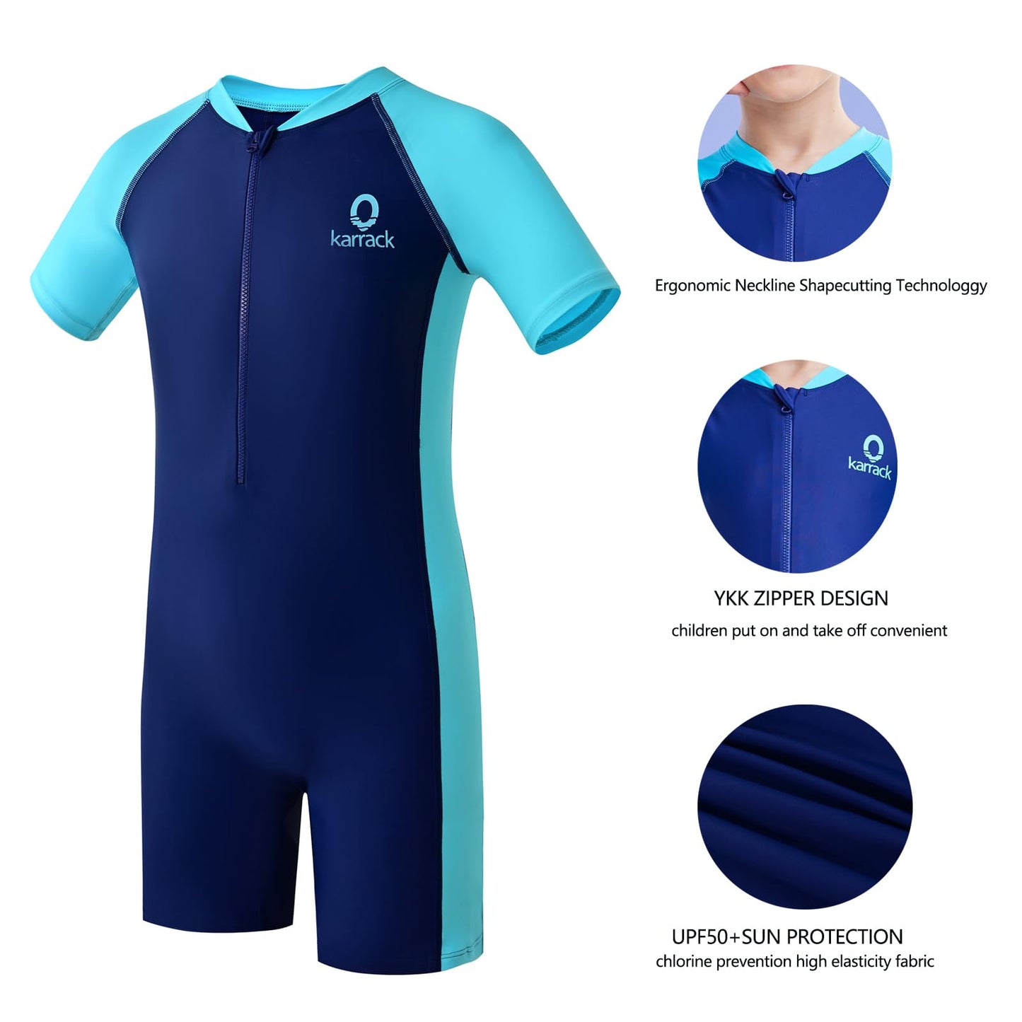 karrack Girls and Boys One Piece Rash Guard Swimsuit Kid Water Sport Short Swimsuit UPF 50+ Sun Protection Bathing Suits (Size 2-3Years) Blue