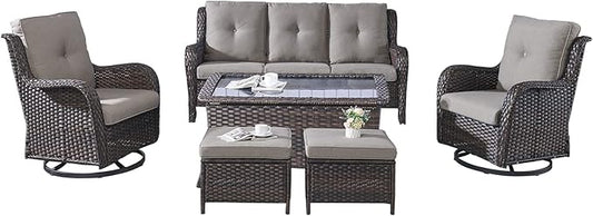 Rilyson Wicker Patio Furniture Set - 6 Piece Rattan Outdoor Sectional Conversation Sets with 2 Swivel Rocking Chairs,2 Ottomans,1 Sofa and 1 Coffee Table for Porch Deck Garden(Brown/Grey)