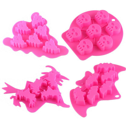 MoldFun 4pc/set Halloween Skull Bat Witch Ghost Shape Silicone Mold Tray for Chocolate Candy Gummy Ice Cube Jello Jelly Cake Mini Soap Wax Crayon Melt