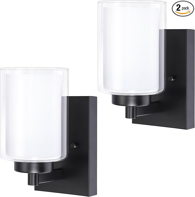Pia Ricco Wall Sconces Set of Two, Hardwired Bathroom Wall Sconce with Double Glass Shade, Modern Bedside Wall Lamps, Farmhouse Vanity Light Black Wall Lights for Living Room, Bedroom, Hallway