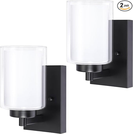 Pia Ricco Wall Sconces Set of Two, Hardwired Bathroom Wall Sconce with Double Glass Shade, Modern Bedside Wall Lamps, Farmhouse Vanity Light Black Wall Lights for Living Room, Bedroom, Hallway