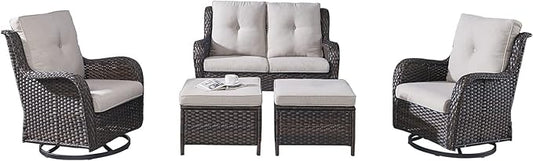 Rilyson Wicker Patio Furniture Set - 5 Piece Rattan Outdoor Sectional Conversation Sets with 2 Rocking Swivel Chairs,2 Ottomans and 1 Loveseat for Porch Deck Garden(Brown/Beige)